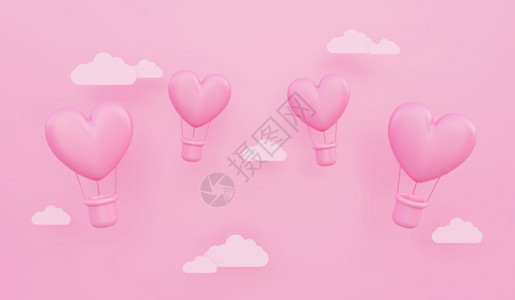 周年纪念日恋情人节爱概念背景粉红色3D心形热气球在天空中飞翔上面有纸云复制空间漂浮图片
