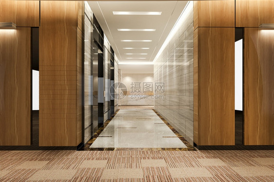 3d在商业旅馆提供现代钢铁电梯大厅在走廊附近有豪华设计大理石现代的家具图片