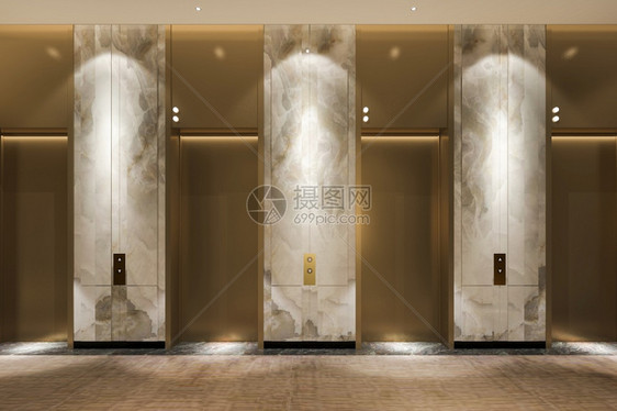 3d在商业旅馆提供现代钢铁电梯大厅在走廊附近有豪华设计筒灯室内的休息图片