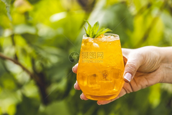 水果食物女手握橙色饮料与冰水在夏日阳光明媚的花园背景新鲜鸡尾酒及冰果和草药装饰女士图片