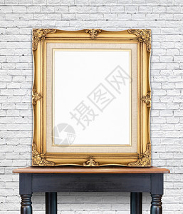 在木板上的白砖墙倾斜用于添加图片的TemplateMockup空白旧金光相框厨房商业闪耀图片
