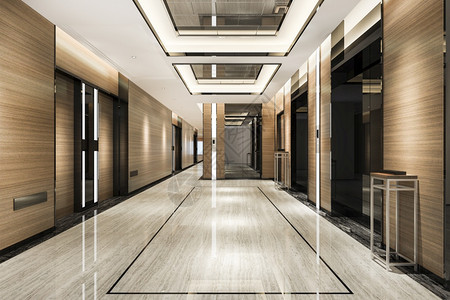 窗户3d在走廊附近有豪华设计的商业旅馆大厅里门办公室图片