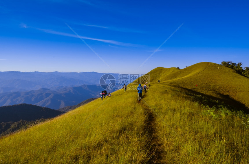 薄荷岛背着包站在山顶上的徒步旅行者农村满意图片