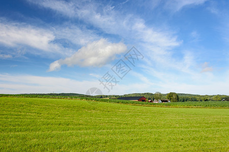 农田家乡村的以蓝天和云彩为背景的农地观用建筑位于蓝色天空和云雾之下图片
