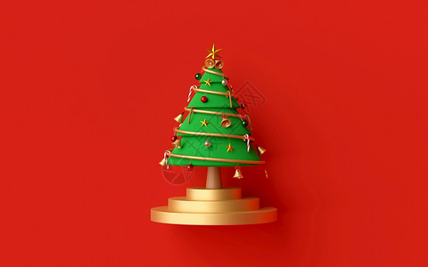特点鹿卡片圣诞快乐新年圣诞树红背景3D演艺图片