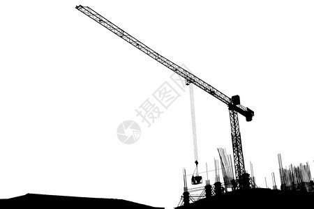 白色背景工地建筑中的锡月光造起重机Silhouette商业电梯金属图片