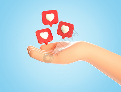 3D人类漫画手插图像红针上的心脏图标一样在红针上飞过棕榈的社交媒体概念网络图标如通知等孤立在蓝背景上别针追随者爱图片