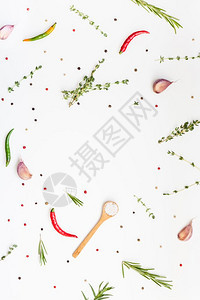 桌子食谱白色背景的绿草药和香料以及复制空间菜单框架设计带有烹饪素材的食品模式背景平直俯卧在顶部自然图片
