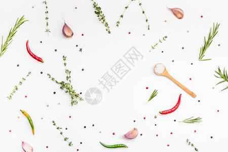 青菜辛辣的白色背景绿草药和香料以及复制空间菜单框架设计带有烹饪素材的食品模式背景平直俯卧在顶部食物图片