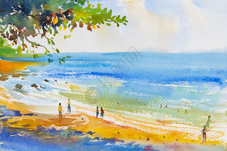 夏天的艺术原始海景绘画以情感土丘背景的沙滩和多彩接触图片