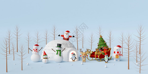 圣诞快乐新年圣诞庆典与老人和朋友一起庆祝3D卡车企鹅通片图片