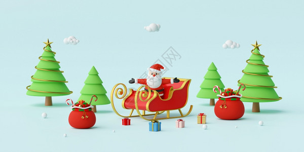 派对展示插图圣诞快乐和新年圣诞老人在雪橇上带着圣诞礼物3D送图片