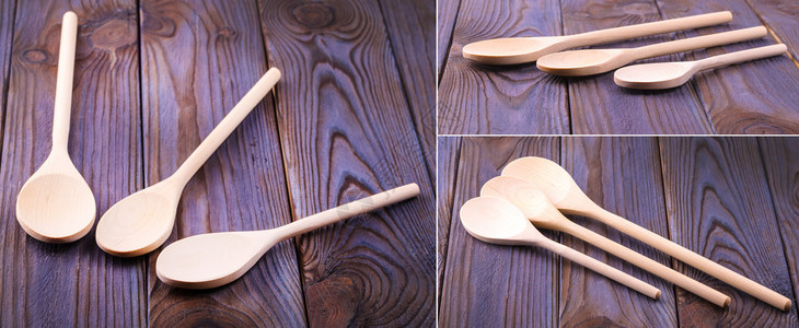 木制桌上三只勺子桌家庭用具图片