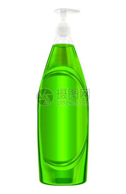 装有液体洗衣涤剂的绿色塑料瓶盘子工作室卫生图片