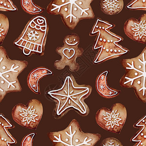 棕色的短袜象征圣诞水彩色姜饼的无缝模式干姜面包的无缝模式图片
