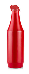 白底隔离的开放塑料瓶番茄酱加醋辛辣的玻璃空图片