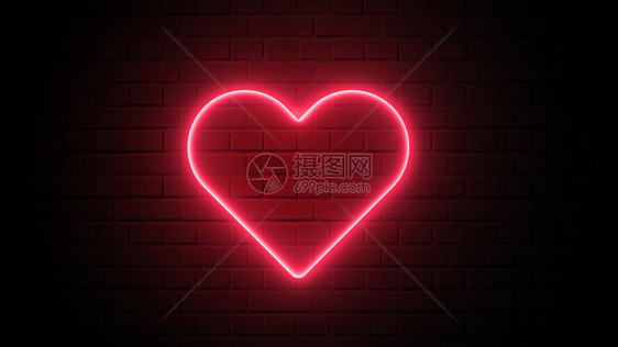 浪漫氖木板红心在黑暗的墙上形成亮光在反戈伦后墙上闪光抽象和装饰概念情人节快乐元素标志和符号电灯光3D插图4K视频图片