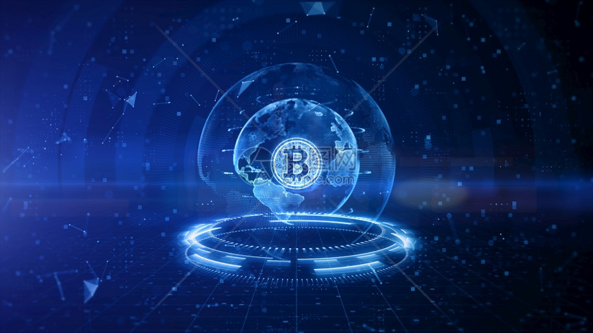 钱矿业Bitcoin块链加密码货币数字加密货币兑换技术全球网络连接背景概念3D招标的比特币连锁加密系统数字货币汇兑技术全球网络连图片