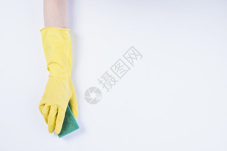 高分辨光相照的清洁工手握黄套海绵白底照片质量高美合彩照片HighRegimond保护清洁器乳胶图片