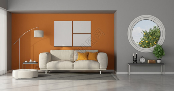 带有灰墙和橙白色沙发和圆窗的起居室3D为现代客厅灰墙上有圆窗活的嘲笑渲染图片