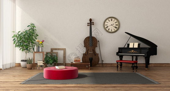 墙音乐室配有大钢琴和双低音硬木地板和白墙3D制成音乐室配有大钢琴和双贝斯地面娱乐图片