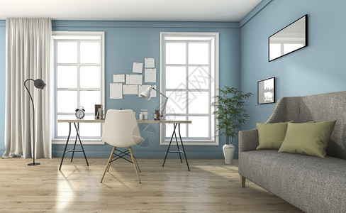 房间3d提供蓝色古董客厅有漂亮的家具和装饰品活的木头图片