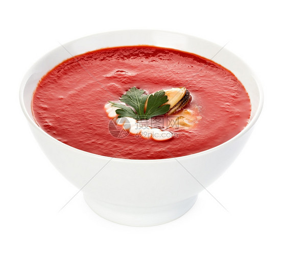 与孤立的贝类分离番茄奶油汤桌子素食主义者煮熟的图片