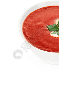 新鲜健康碗与孤立的贝类分离番茄奶油汤图片