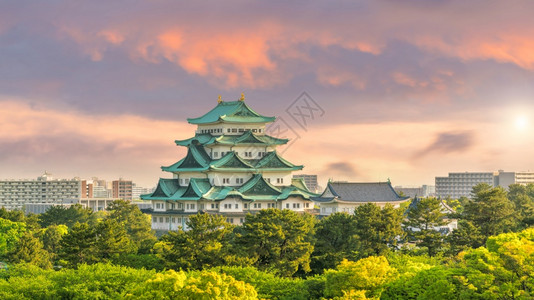 日本名古屋城堡和市天际日落美丽本人晚上老的图片