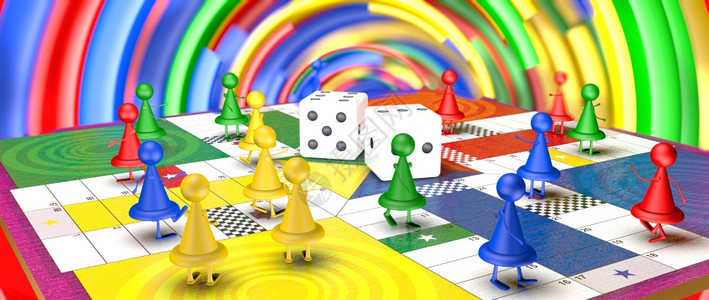 黄脚立步行可爱的团体幻想红色蓝黄和绿棋盘游戏筹码脚和手走在棋盘上中间有两个骰子背景是不聚焦的彩色圆圈3D插图红色黄和绿棋盘游戏筹码在上设计图片