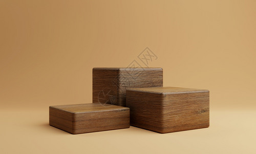 三个棕色木形矩立方产品舞台讲关于橙色背景的最小时尚主题几何学区展览阶段模拟概念3D显示图形设计地面房间木制的背景图片