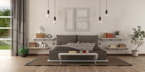 地毯货架现代主卧室墙上有棕色卧室和架子3D制成现代主卧室和棕色内部的图片