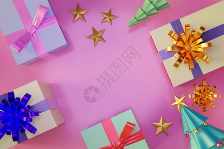 反射纸十二月圣诞树和礼品盒有闪亮的球圣诞快乐和新年空间风景顶端3D插图图片