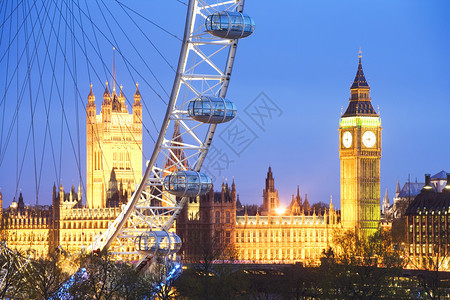 城市景观河旅行议会两院和黄昏伦敦之眼图片