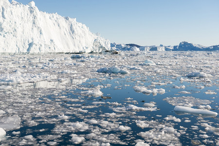 变暖美丽的冰山在迪斯科湾格陵兰岛伊卢利萨特周围的蓝色天空极海图片