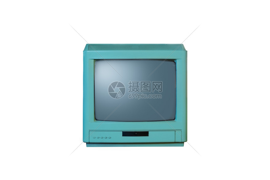 屏幕从80年代开始在白色背景上被隔离的旧蓝色电视过时的播送图片