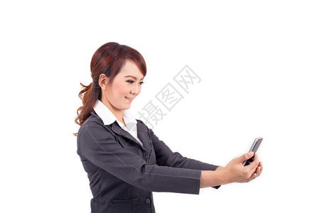 持有白色背景手机的年轻商业女青家工人种族蜂窝图片