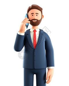 相互作用办公室司的3D脱口秀者在电话上聊天的站立快乐男人例子关闭可爱笑的留胡子商人肖像使用智能手机孤立在白色背景卡通商业男人物身图片