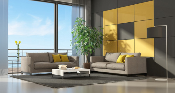地毯图书居住两张沙发黑和黄色面板3D制成灰色和黄现代客厅2张沙发3D制成的2张沙发图片