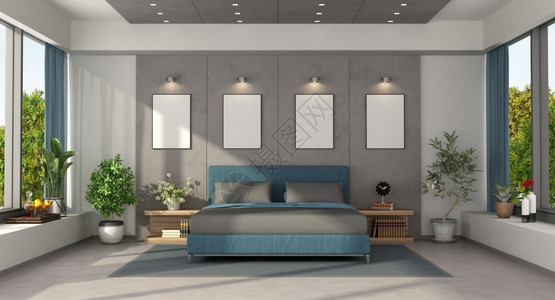 硬木建筑学软垫现代主卧室用蓝色双床和混凝土面板对着蓝双床的现代主卧室3D为现代主卧室配蓝色双床图片