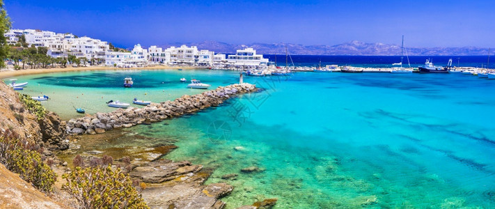 旅游景区希腊节日赛克拉底帕罗斯岛海滩和平息宁静的岸村庄PisoLivadi与松绿海基克拉泽斯图片