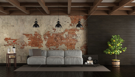 水平的黑色客厅绿有托盘沙发砖墙和木制壁板3D居住软垫图片