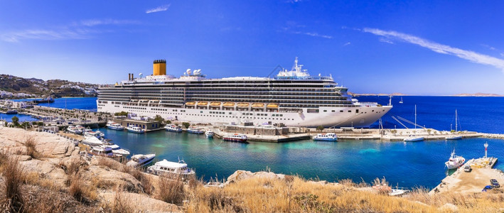目的地娱乐航程希腊Mykonos岛希腊群港口游轮在地中海夏季节日旅行图片