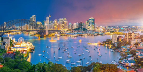 地标澳洲雪梨市下天际线晚上旅行图片
