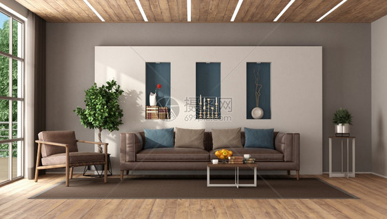 软垫渲染现代客厅配有皮沙发和扶椅的现代起居室用白色墙壁和木天花板对着白色墙壁和木顶3D为现代客厅提供皮革家具居住图片