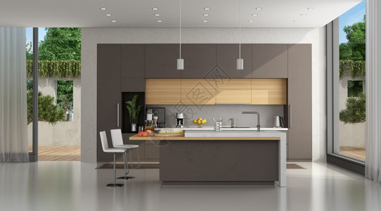 公寓墙食物布朗混凝土厨房和一座现代别墅的岛屿3D作为一座现代别墅的布朗混凝土厨房图片