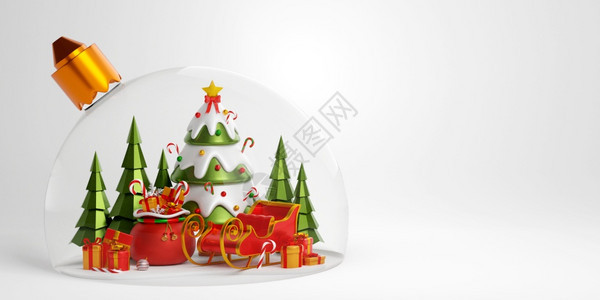 克劳斯圣诞树雪橇和礼物袋在圣诞舞会上的旗帜3D插图红色的装饰风格图片