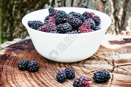 食物白碗在树桩户外有美味的成熟多汁木莓摊子在树桩外有美味的成熟多汁木莓摊子桑紫色的图片