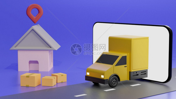 在线的服务信使手机屏幕上的黄色卡车通过蓝背景订单发送在线跟踪3D翻转的D图片