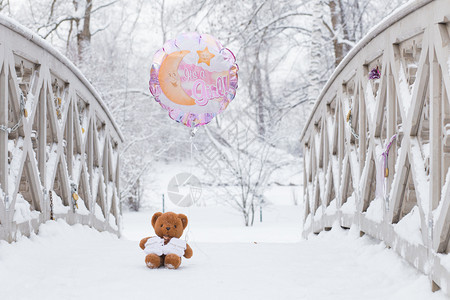 等待棕熊在冬季坐公园拉脱维亚雪自然和气球2016年玩具娃甜的图片